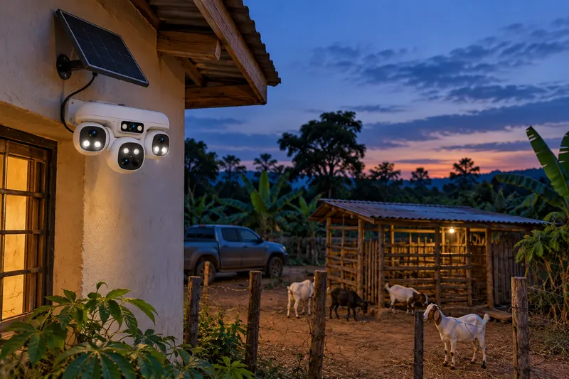 SV-M3 multi-lens solar 4G camera under the eave of a farmhouse in Ghana at blue hour, watching a goat yard and pen