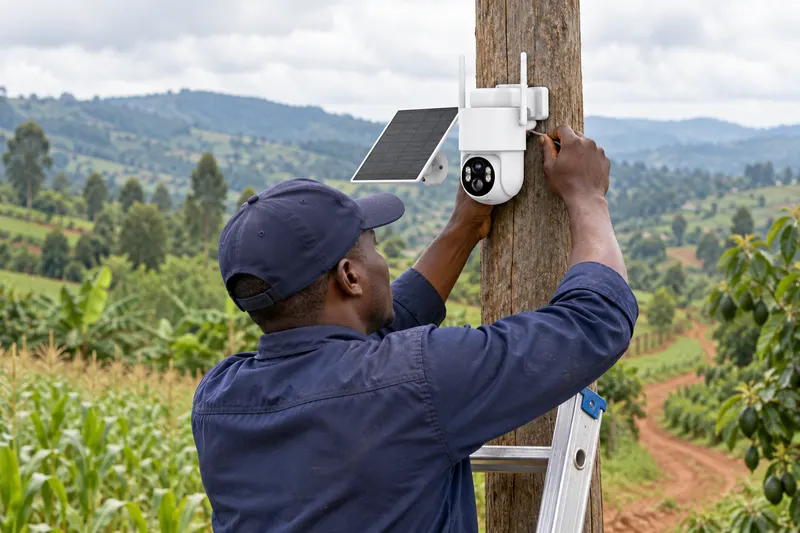 Installer fixing a solar 4G camera to a pole on a farm in Kenya