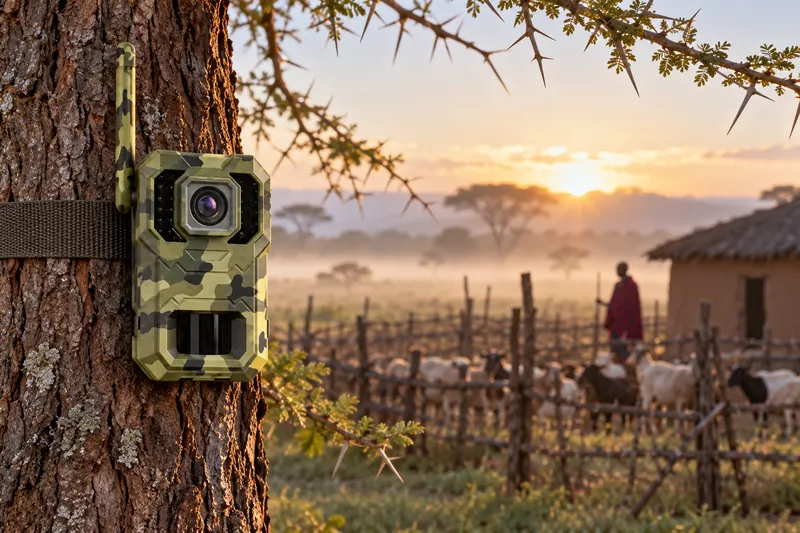 SV-H1 4G trail camera strapped to an acacia tree beside a livestock boma in rural Kenya at dawn